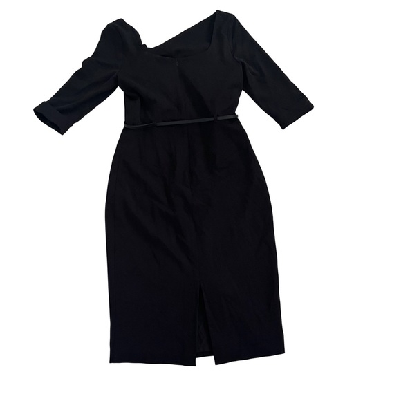 Black Halo Classic Jackie O Black Sheath Dress, Size 8, Asymmetrical, Belt - Picture 3 of 9